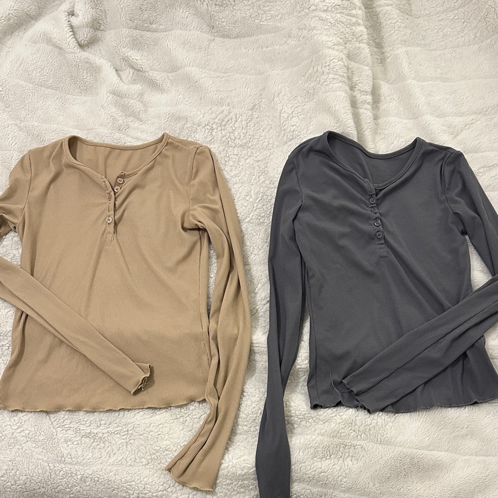 Kids Long Sleeve Henley Tops - Tan and Gray